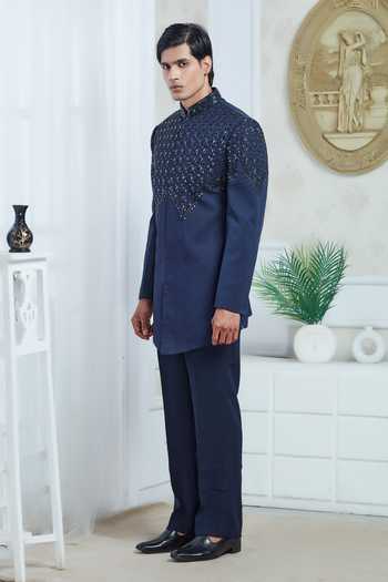 Shop_Sven Suits_Blue Polyester Jacquard Embroidered Sherwani Jacket And Pant Set _Online_at_Aza_Fashions