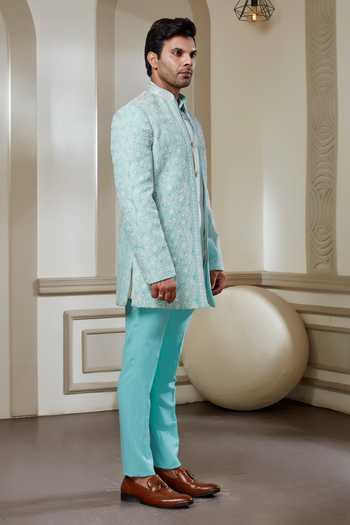 Sven Suits Sky Blue Polyester Embroidered Jacket And Kurta Set Online at Aza Fashions Sven Suits_Sky Blue Polyester Embroidered Jacket And Kurta Set _Online_at_Aza_Fashions