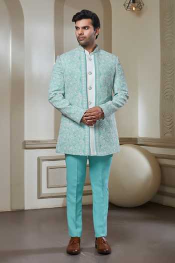 Buy Sven Suits Sky Blue Polyester Embroidered Jacket And Kurta Set Online at Aza Fashions Buy_Sven Suits_Sky Blue Polyester Embroidered Jacket And Kurta Set _Online_at_Aza_Fashions