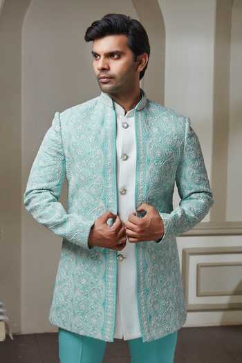 Shop Sven Suits Sky Blue Polyester Embroidered Jacket And Kurta Set Online at Aza Fashions Shop_Sven Suits_Sky Blue Polyester Embroidered Jacket And Kurta Set _Online_at_Aza_Fashions