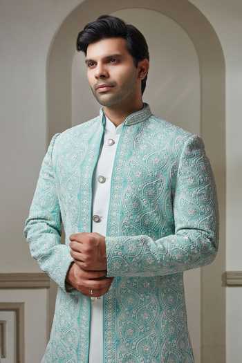 Sven Suits Sky Blue Polyester Embroidered Jacket And Kurta Set at Aza Fashions Sven Suits_Sky Blue Polyester Embroidered Jacket And Kurta Set _at_Aza_Fashions