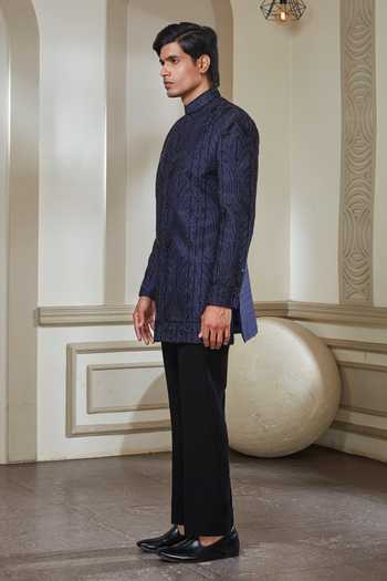 Sven Suits_Blue Silk Embroidered Raw Kurta And Pant Set _Online_at_Aza_Fashions