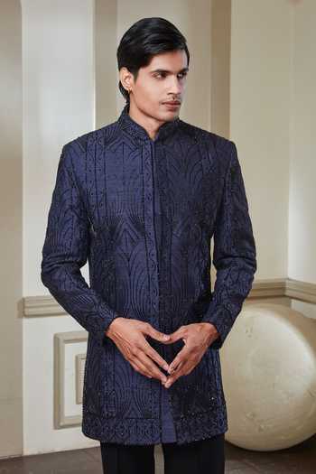 Buy_Sven Suits_Blue Silk Embroidered Raw Kurta And Pant Set _Online_at_Aza_Fashions