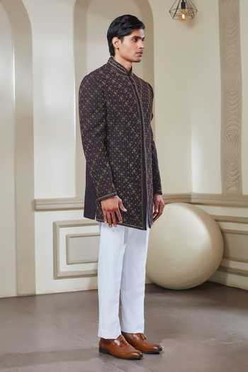 Sven Suits Maroon Silk Threadwork Embroidered Sherwani And Pant Set Online at Aza Fashions Sven Suits_Maroon Silk Threadwork Embroidered Sherwani And Pant Set _Online_at_Aza_Fashions