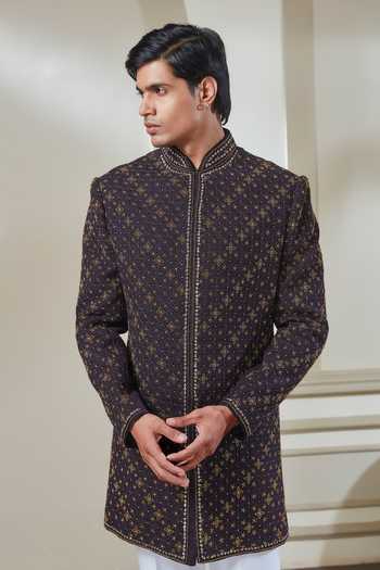 Shop Sven Suits Maroon Silk Threadwork Embroidered Sherwani And Pant Set Online at Aza Fashions Shop_Sven Suits_Maroon Silk Threadwork Embroidered Sherwani And Pant Set _Online_at_Aza_Fashions