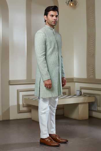Sven Suits_Green Silk Embroidered Sherwani And Pant Set _Online_at_Aza_Fashions
