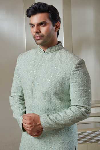 Buy_Sven Suits_Green Silk Embroidered Sherwani And Pant Set _Online_at_Aza_Fashions