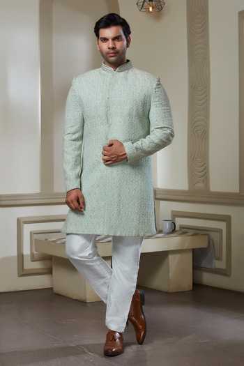 Shop_Sven Suits_Green Silk Embroidered Sherwani And Pant Set _Online_at_Aza_Fashions
