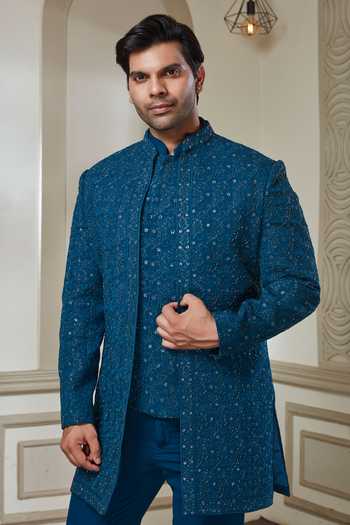 Sven Suits Blue Mirror Work Embroidered Jacket And Pant Set Online at Aza Fashions Sven Suits_Blue Mirror Work Embroidered Jacket And Pant Set _Online_at_Aza_Fashions