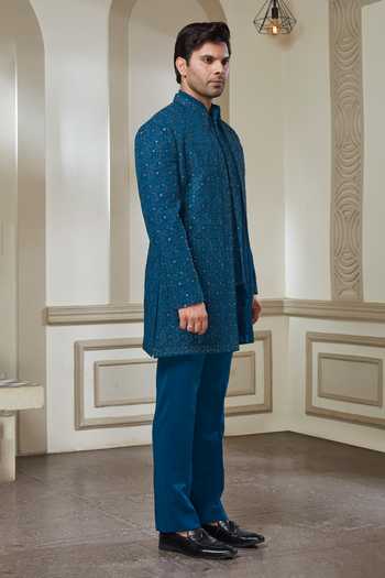 Buy Sven Suits Blue Mirror Work Embroidered Jacket And Pant Set Online at Aza Fashions Buy_Sven Suits_Blue Mirror Work Embroidered Jacket And Pant Set _Online_at_Aza_Fashions