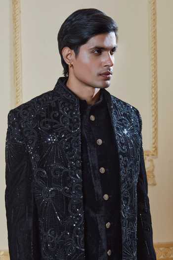 Shop Sven Suits Black Velvet Embroidered Jacket And Kurta Set Online at Aza Fashions Shop_Sven Suits_Black Velvet Embroidered Jacket And Kurta Set _Online_at_Aza_Fashions