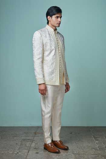 Sven Suits Off White Silk Embroidery Bandhgala Set Online at Aza Fashions Sven Suits_Off White Silk Embroidery Bandhgala Set _Online_at_Aza_Fashions