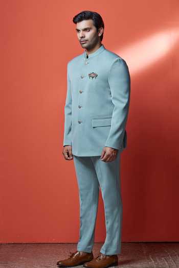 Sven Suits_Green Polyester Brooches Embellished Bandhgala Set _Online_at_Aza_Fashions