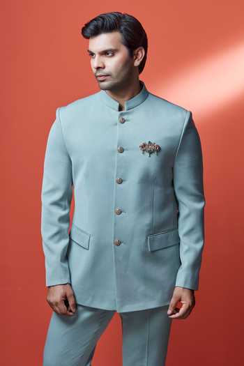 Buy_Sven Suits_Green Polyester Brooches Embellished Bandhgala Set _Online_at_Aza_Fashions