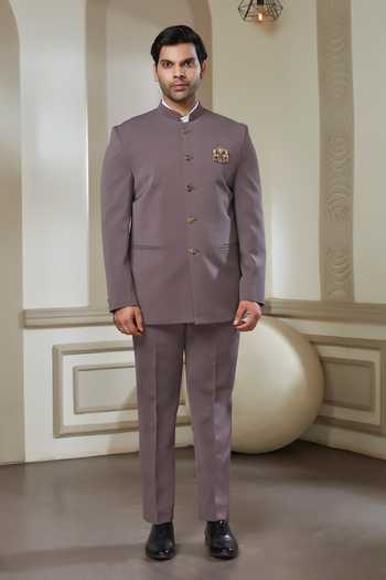 Shop_Sven Suits_Purple Polyester Brooches Bandhgala And Pant Set _Online_at_Aza_Fashions