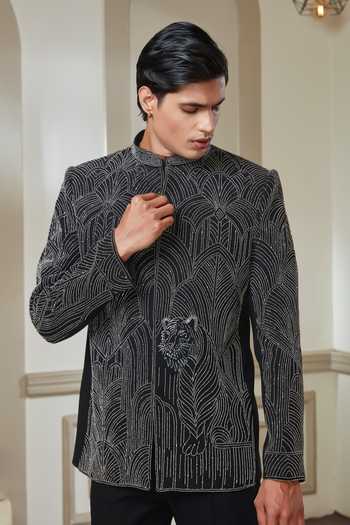 Shop Sven Suits Black Polyester Embroidery Bandhgala And Pant Set Online at Aza Fashions Shop_Sven Suits_Black Polyester Embroidery Bandhgala And Pant Set _Online_at_Aza_Fashions