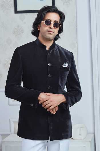 Shop Sven Suits Black Velvet Bandhgala And Pant Set Online at Aza Fashions Shop_Sven Suits_Black Velvet Bandhgala And Pant Set _Online_at_Aza_Fashions