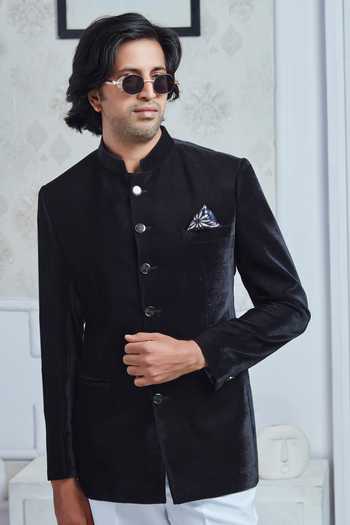 Sven Suits Black Velvet Bandhgala And Pant Set at Aza Fashions Sven Suits_Black Velvet Bandhgala And Pant Set _at_Aza_Fashions