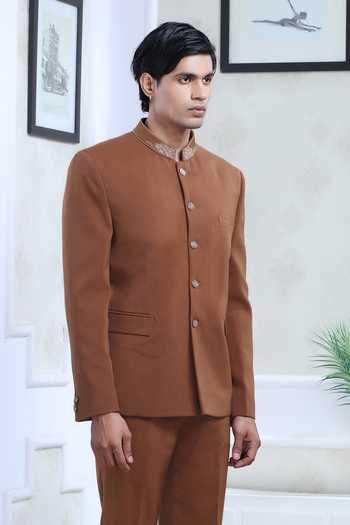 Buy_Sven Suits_Brown Polyester Cutdana Embroidered Bandhgala And Pant Set _Online_at_Aza_Fashions