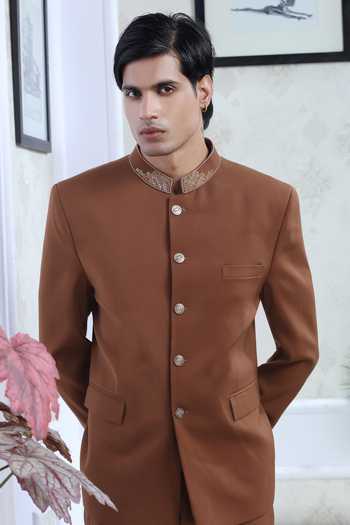 Shop_Sven Suits_Brown Polyester Cutdana Embroidered Bandhgala And Pant Set _Online_at_Aza_Fashions