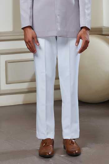 Sven Suits_White Satin, Polyester Cut Work Embroidered Bandhgala And Pant Set _Online_at_Aza_Fashions