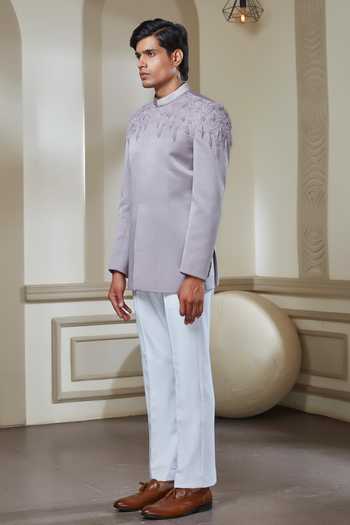 Buy_Sven Suits_White Satin, Polyester Cut Work Embroidered Bandhgala And Pant Set _Online_at_Aza_Fashions