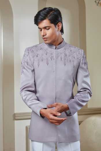 Shop_Sven Suits_White Satin, Polyester Cut Work Embroidered Bandhgala And Pant Set _Online_at_Aza_Fashions