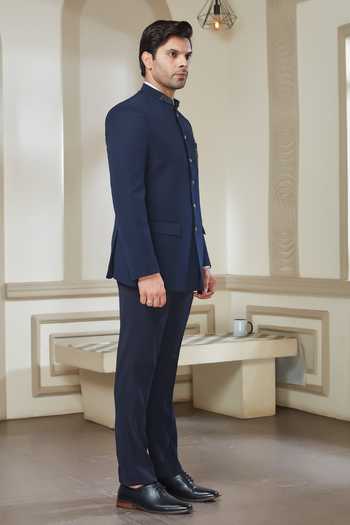 Buy Sven Suits Blue Polyester Embroidery, Brooches Bandhgala And Pant Set Online at Aza Fashions Buy_Sven Suits_Blue Polyester Embroidery, Brooches Bandhgala And Pant Set _Online_at_Aza_Fashions