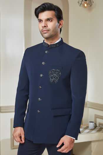 Shop Sven Suits Blue Polyester Embroidery, Brooches Bandhgala And Pant Set Online at Aza Fashions Shop_Sven Suits_Blue Polyester Embroidery, Brooches Bandhgala And Pant Set _Online_at_Aza_Fashions