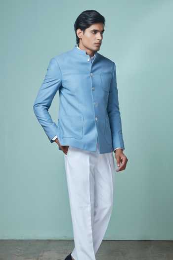 Sven Suits_White Wool, Polyester Collared Bandhgala And Pant Set _Online_at_Aza_Fashions