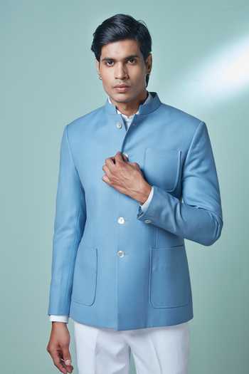 Buy_Sven Suits_White Wool, Polyester Collared Bandhgala And Pant Set _Online_at_Aza_Fashions