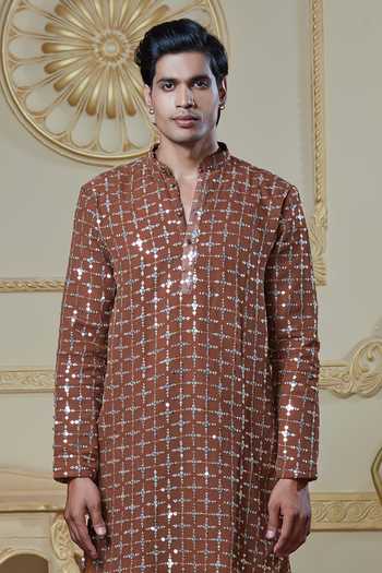 Shop Sven Suits Brown Georgette Sequin Embroidered Kurta And Pant Set Online at Aza Fashions Shop_Sven Suits_Brown Georgette Sequin Embroidered Kurta And Pant Set _Online_at_Aza_Fashions