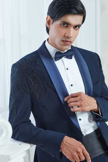Shop_Sven Suits_Blue Polyester Embellished Suit Set _Online_at_Aza_Fashions