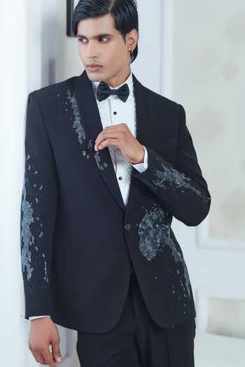 Shop_Sven Suits_Black Polyester Embroidered Tuxedo Set _Online_at_Aza_Fashions