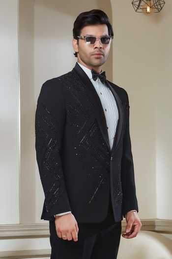 Buy_Sven Suits_Black Polyester Embroidered Tuxedo Set _Online_at_Aza_Fashions