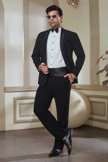 Shop_Sven Suits_Black Polyester Embroidered Tuxedo Set _Online_at_Aza_Fashions