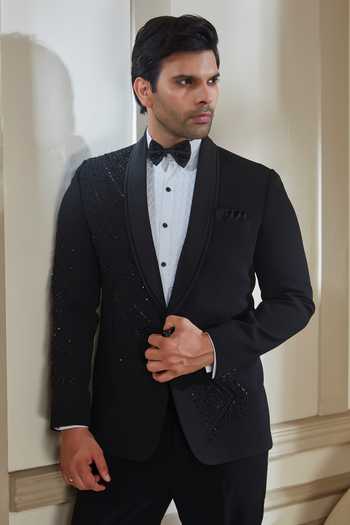 Sven Suits_Black Polyester Embroidered Tuxedo Set _at_Aza_Fashions
