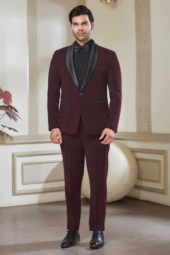 Sven Suits Wine Polyester Shawl Lapel Tuxedo Set Online at Aza Fashions Sven Suits_Wine Polyester Shawl Lapel Tuxedo Set _Online_at_Aza_Fashions