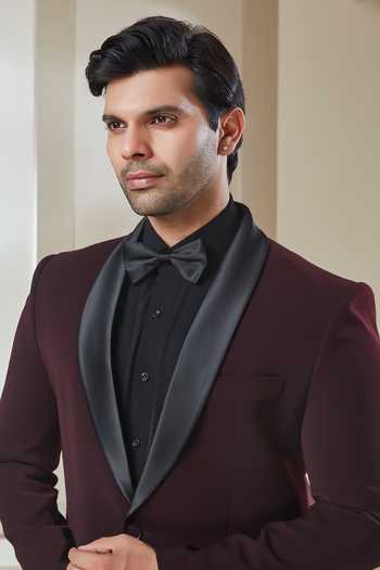Shop Sven Suits Wine Polyester Shawl Lapel Tuxedo Set Online at Aza Fashions Shop_Sven Suits_Wine Polyester Shawl Lapel Tuxedo Set _Online_at_Aza_Fashions