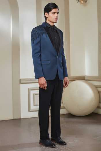 Buy Sven Suits Blue Satin Placement Embroidered Tuxedo Set Online at Aza Fashions Buy_Sven Suits_Blue Satin Placement Embroidered Tuxedo Set _Online_at_Aza_Fashions