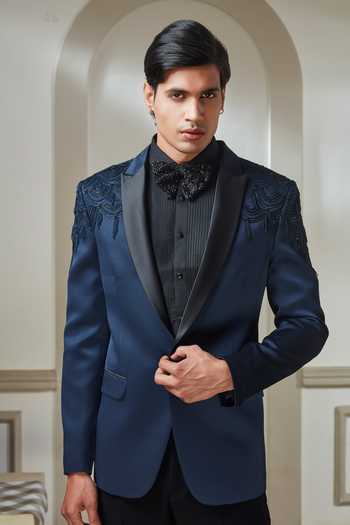 Sven Suits Blue Satin Placement Embroidered Tuxedo Set at Aza Fashions Sven Suits_Blue Satin Placement Embroidered Tuxedo Set _at_Aza_Fashions