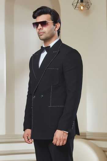 Shop Sven Suits Black Polyester Placement Embroidered Blazer Online at Aza Fashions Shop_Sven Suits_Black Polyester Placement Embroidered Blazer _Online_at_Aza_Fashions