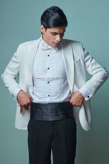 Shop Sven Suits White Polyester Textured Pattern Suit Set Online at Aza Fashions Shop_Sven Suits_White Polyester Textured Pattern Suit Set _Online_at_Aza_Fashions