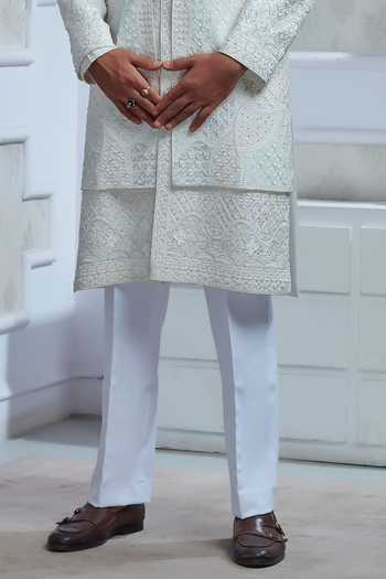 Sven Suits White Silk Embroidered Sherwani Set Online at Aza Fashions Sven Suits_White Silk Embroidered Sherwani Set _Online_at_Aza_Fashions