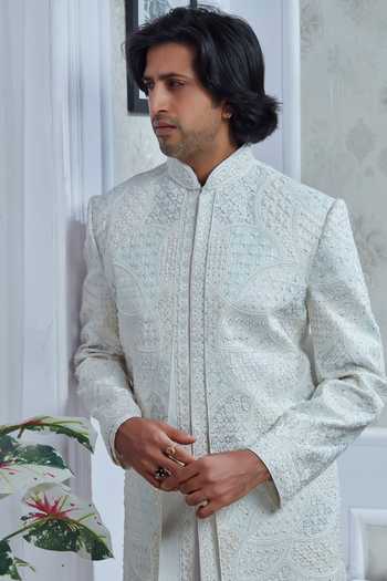 Shop Sven Suits White Silk Embroidered Sherwani Set Online at Aza Fashions Shop_Sven Suits_White Silk Embroidered Sherwani Set _Online_at_Aza_Fashions