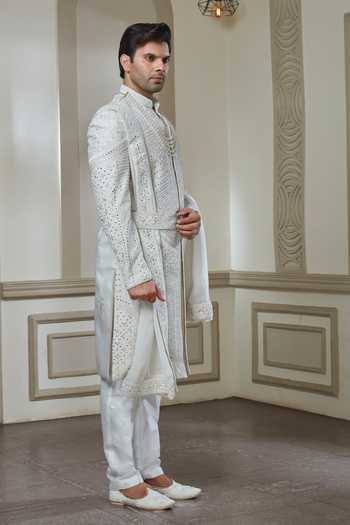 Sven Suits_Off White Silk Mirror Work Sherwani Pant Set _Online_at_Aza_Fashions