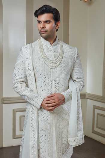 Buy_Sven Suits_Off White Silk Mirror Work Sherwani Pant Set _Online_at_Aza_Fashions