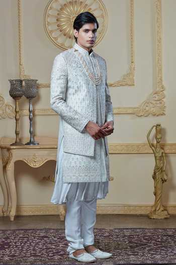 Sven Suits Off White Silk Thread Work Sherwani Set Online at Aza Fashions Sven Suits_Off White Silk Thread Work Sherwani Set _Online_at_Aza_Fashions