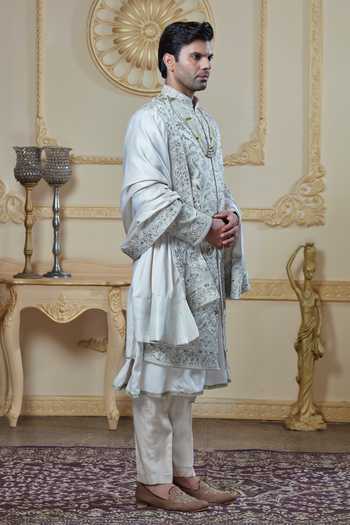 Sven Suits Off White Silk Threadwork Sherwani Set Online at Aza Fashions Sven Suits_Off White Silk Threadwork Sherwani Set _Online_at_Aza_Fashions