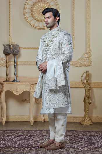 Buy Sven Suits Off White Silk Threadwork Sherwani Set Online at Aza Fashions Buy_Sven Suits_Off White Silk Threadwork Sherwani Set _Online_at_Aza_Fashions
